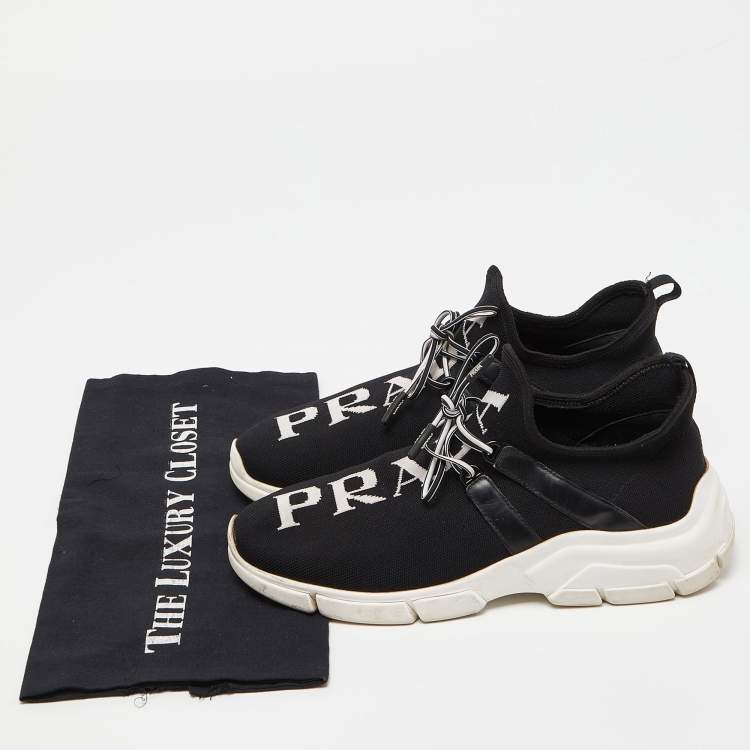 Pre Owned Prada Black Knit Fabric and Leather Logo Low Top Sneakers Size 38
