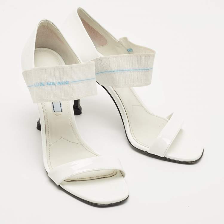 Pre Owned Prada White Patent Leather Elastic Strap Open Toe Pumps Size 36