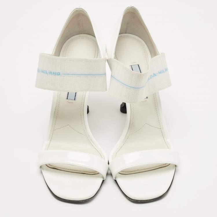 Pre Owned Prada White Patent Leather Elastic Strap Open Toe Pumps Size 36