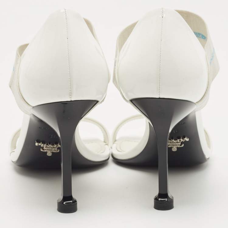 Pre Owned Prada White Patent Leather Elastic Strap Open Toe Pumps Size 36