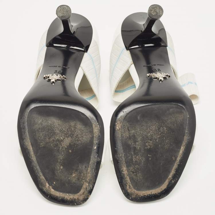 Pre Owned Prada White Patent Leather Elastic Strap Open Toe Pumps Size 36