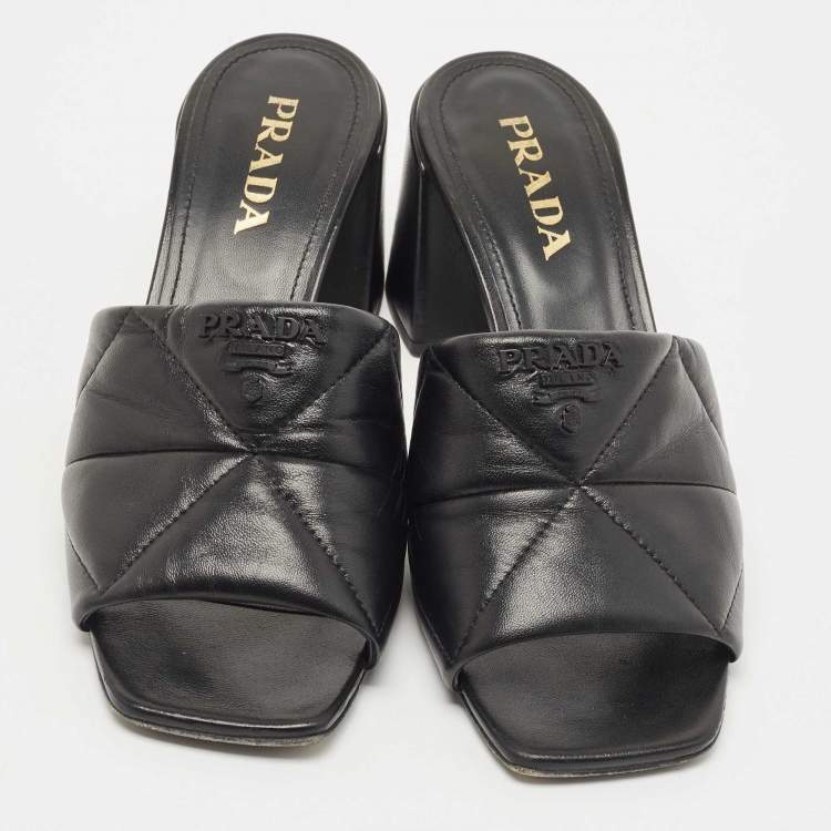 Pre Owned Prada Black Quilted Leather Slide Sandals Size 39