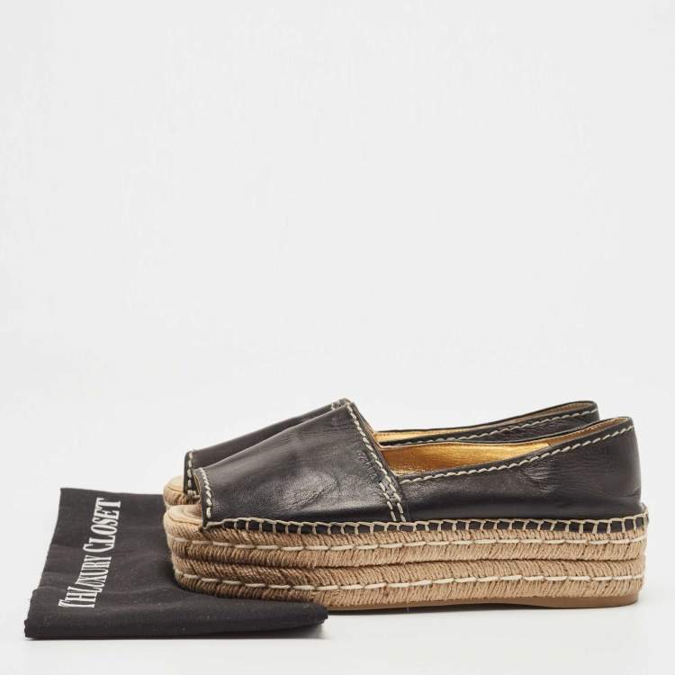 Pre Owned Prada Black Leather Peep Toe Platform Espadrille Flats Size 39.5