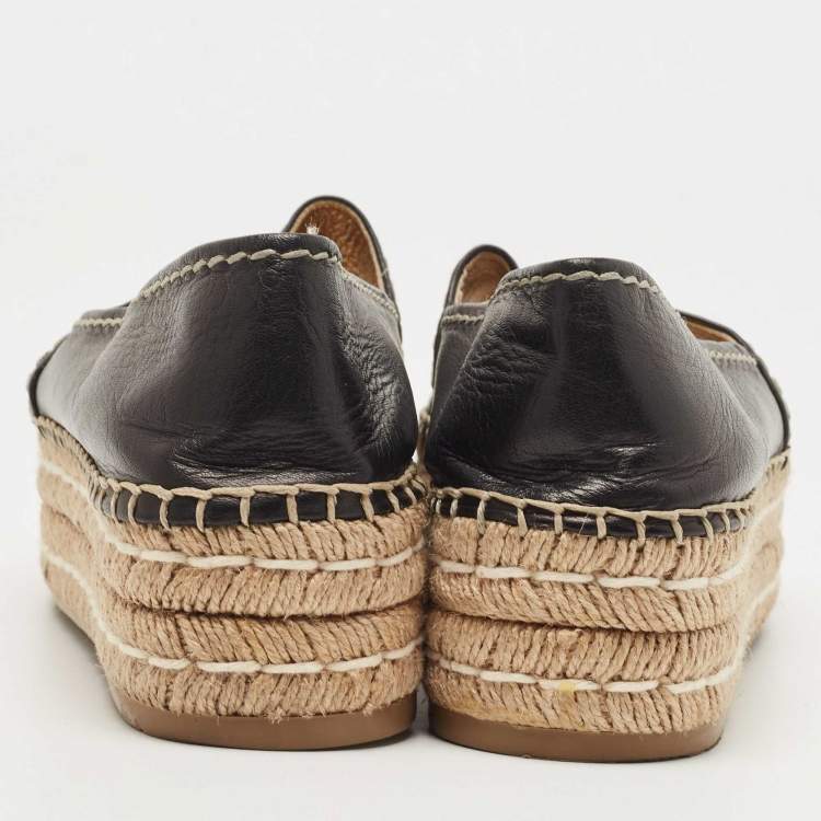 Pre Owned Prada Black Leather Peep Toe Platform Espadrille Flats Size 39.5
