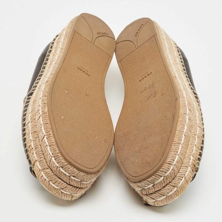 Pre Owned Prada Black Leather Peep Toe Platform Espadrille Flats Size 39.5