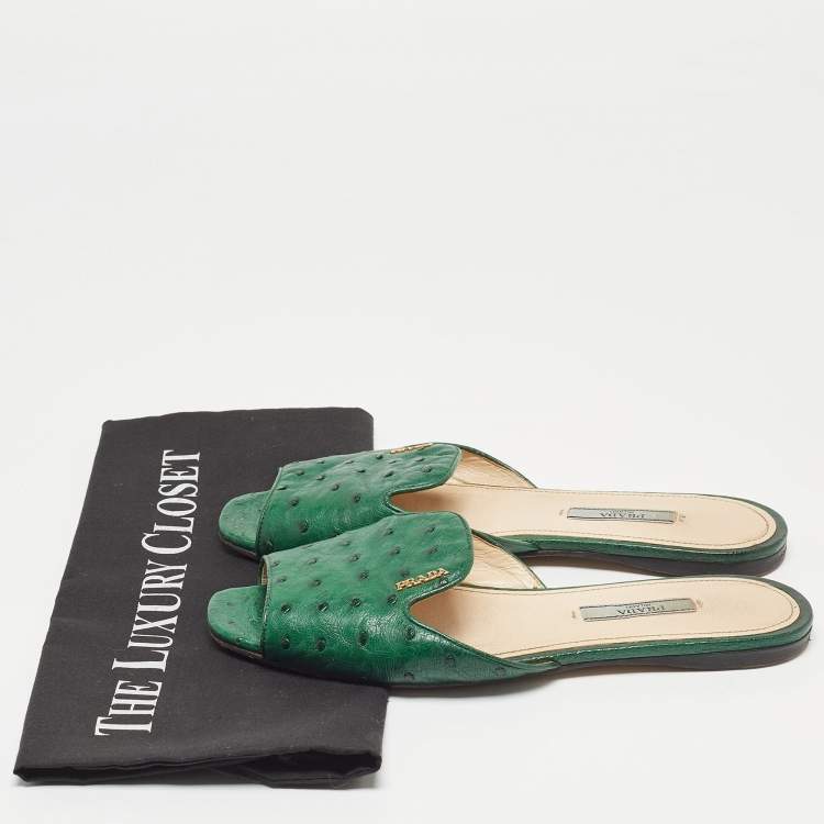 Pre Owned Prada Green Ostrich Leather Flat Slides Size 38