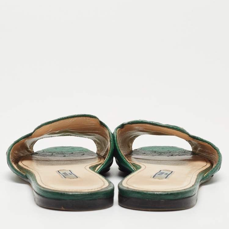 Pre Owned Prada Green Ostrich Leather Flat Slides Size 38