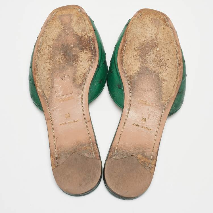 Pre Owned Prada Green Ostrich Leather Flat Slides Size 38