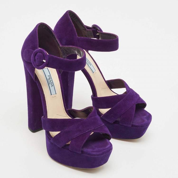 Pre Owned Prada Purple Suede Ankle Strap Platform Sandals Size 37.5