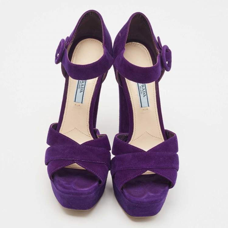 Pre Owned Prada Purple Suede Ankle Strap Platform Sandals Size 37.5