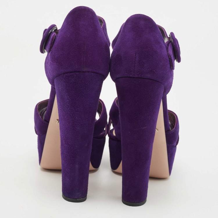 Pre Owned Prada Purple Suede Ankle Strap Platform Sandals Size 37.5