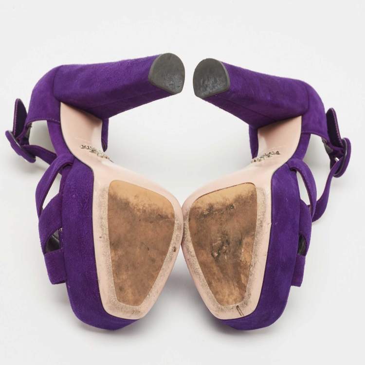 Pre Owned Prada Purple Suede Ankle Strap Platform Sandals Size 37.5