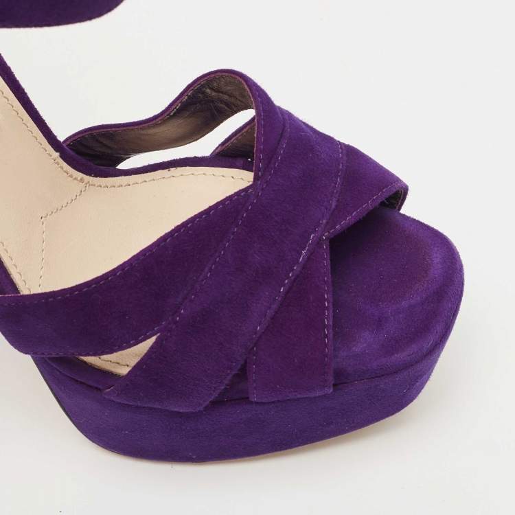 Pre Owned Prada Purple Suede Ankle Strap Platform Sandals Size 37.5