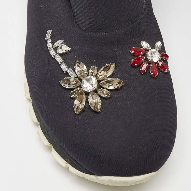 Pre Owned Prada Black Neoprene Crystal Embellished Slip On Sneakers Size 38