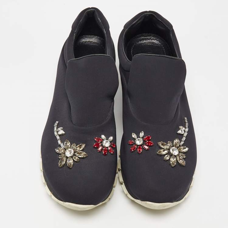 Pre Owned Prada Black Neoprene Crystal Embellished Slip On Sneakers Size 38