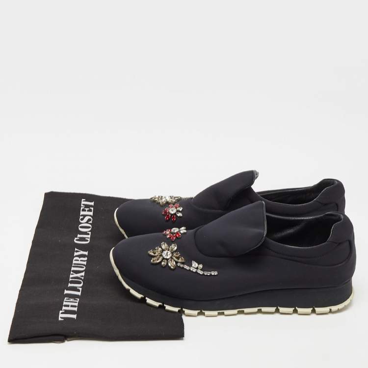 Pre Owned Prada Black Neoprene Crystal Embellished Slip On Sneakers Size 38