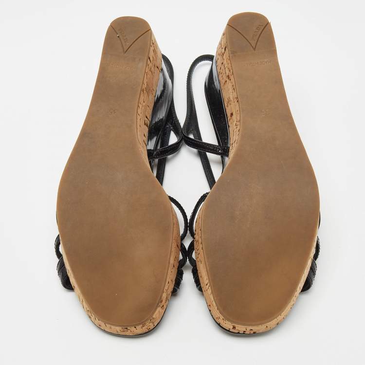 Pre Owned Prada Black Patent Leather Wedge Platform Slingback Sandals Size 35