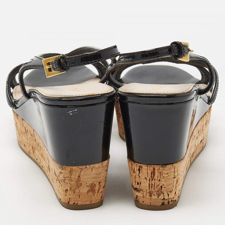 Pre Owned Prada Black Patent Leather Wedge Platform Slingback Sandals Size 35