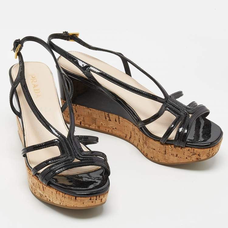 Pre Owned Prada Black Patent Leather Wedge Platform Slingback Sandals Size 35