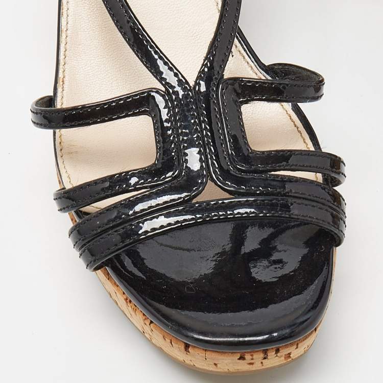 Pre Owned Prada Black Patent Leather Wedge Platform Slingback Sandals Size 35