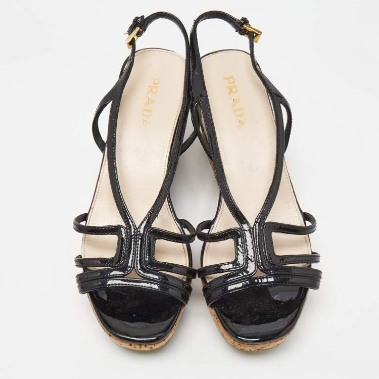 Pre Owned Prada Black Patent Leather Wedge Platform Slingback Sandals Size 35