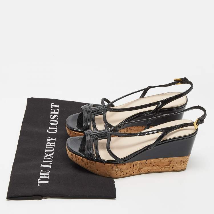 Pre Owned Prada Black Patent Leather Wedge Platform Slingback Sandals Size 35