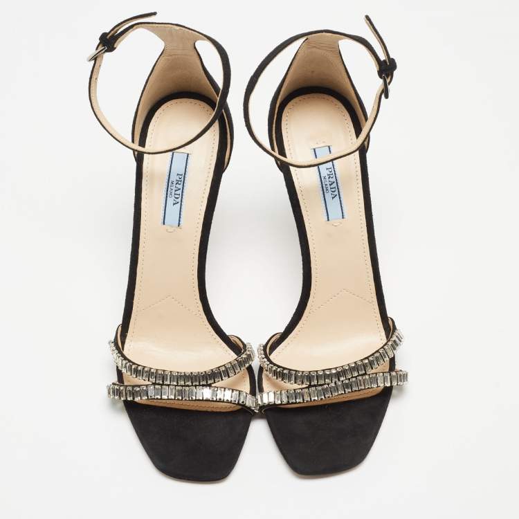 Pre Owned Prada Black Suede Crystals Embellished Ankle Strap Sandals Size 38.5