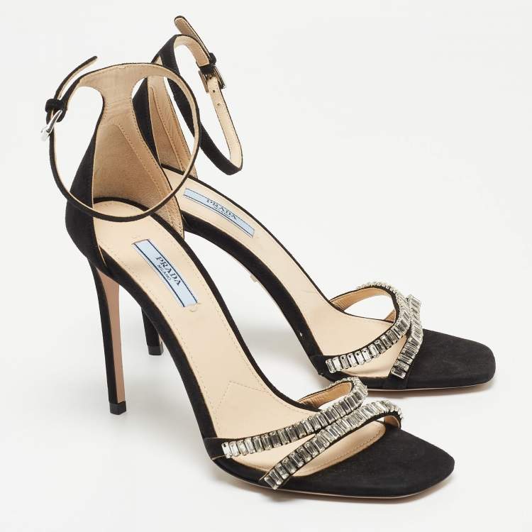 Pre Owned Prada Black Suede Crystals Embellished Ankle Strap Sandals Size 38.5