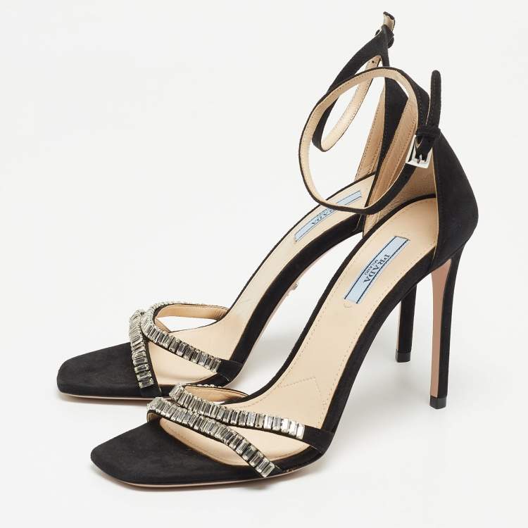 Pre Owned Prada Black Suede Crystals Embellished Ankle Strap Sandals Size 38.5