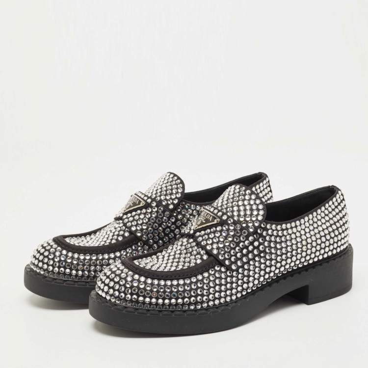 Pre Owned Prada Black Satin Crystals Slip On Loafers Size 38