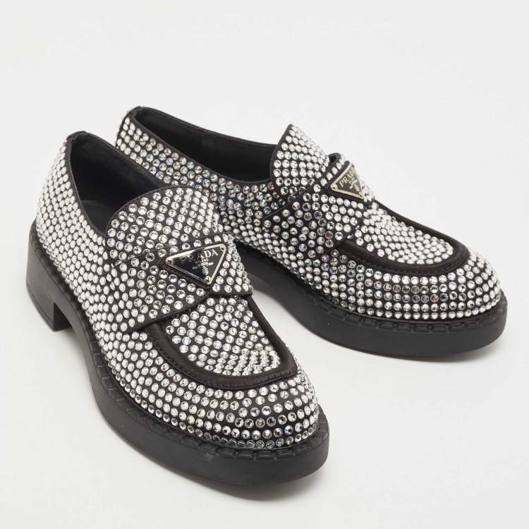 Pre Owned Prada Black Satin Crystals Slip On Loafers Size 38