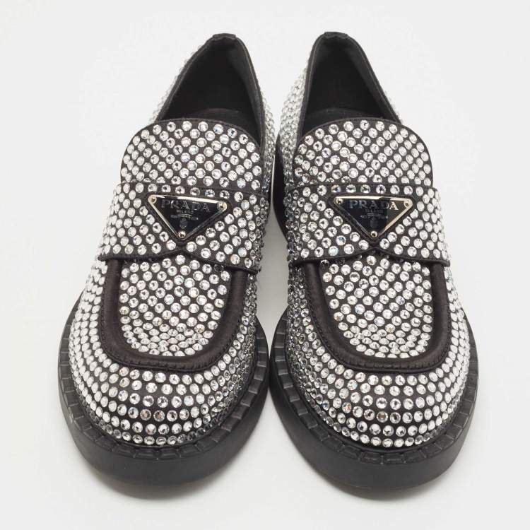 Pre Owned Prada Black Satin Crystals Slip On Loafers Size 38