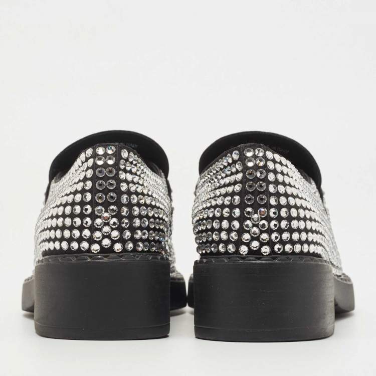 Pre Owned Prada Black Satin Crystals Slip On Loafers Size 38