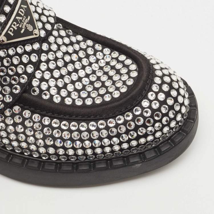 Pre Owned Prada Black Satin Crystals Slip On Loafers Size 38