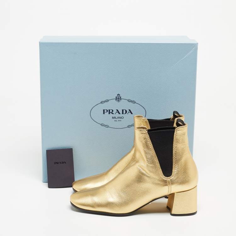 Pre Owned Prada Metallic Gold  Leather Ankle Boots Size 37