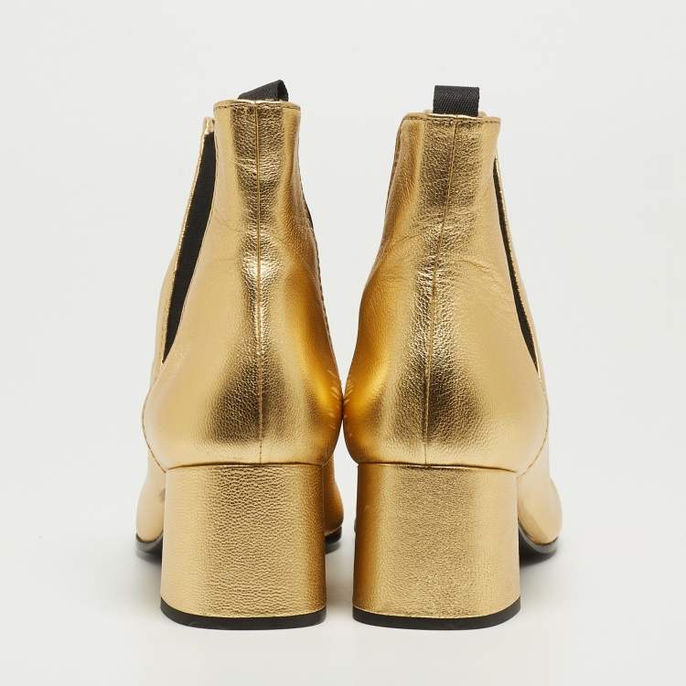 Pre Owned Prada Metallic Gold  Leather Ankle Boots Size 37