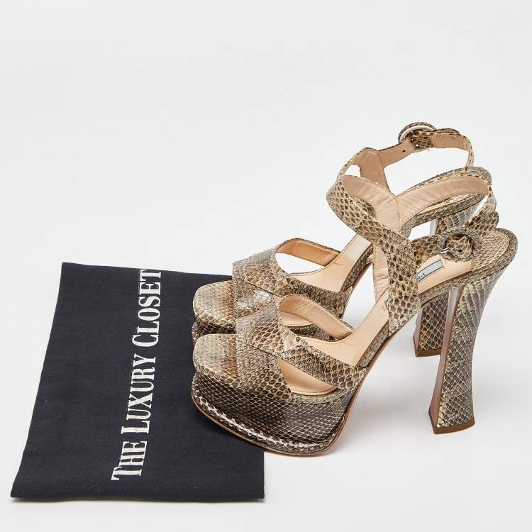 Pre Owned Prada Two Tone Watersnake Platform Ankle Strap Sandals Size 37.5