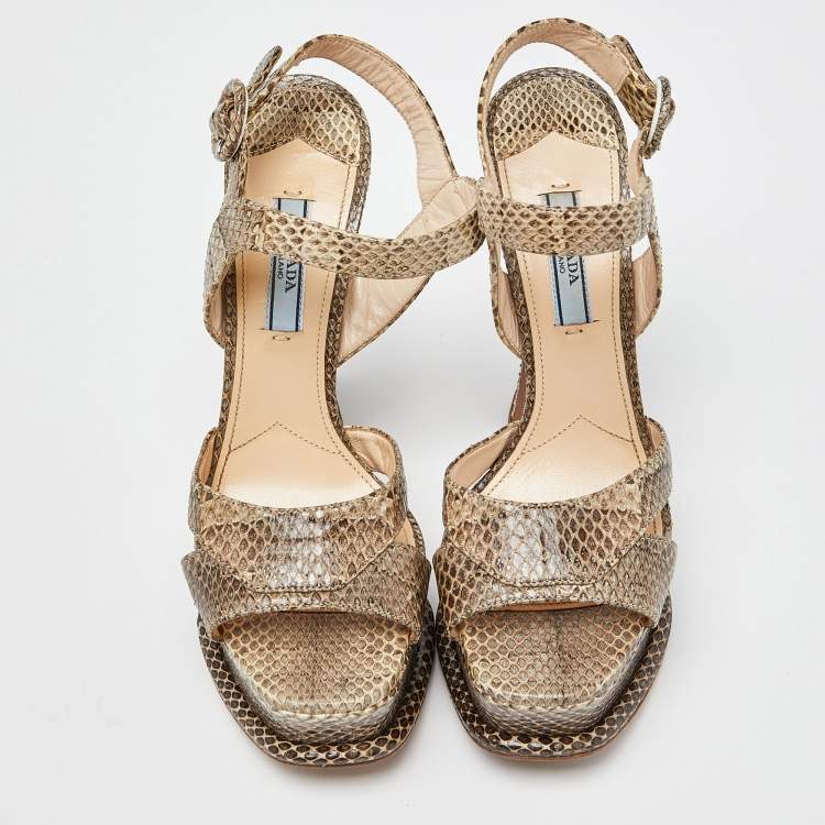 Pre Owned Prada Two Tone Watersnake Platform Ankle Strap Sandals Size 37.5