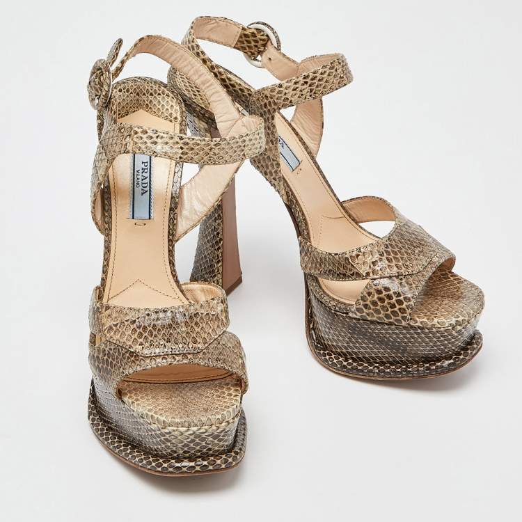 Pre Owned Prada Two Tone Watersnake Platform Ankle Strap Sandals Size 37.5