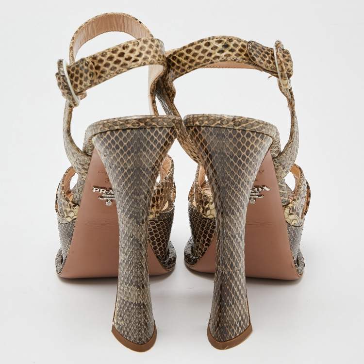 Pre Owned Prada Two Tone Watersnake Platform Ankle Strap Sandals Size 37.5