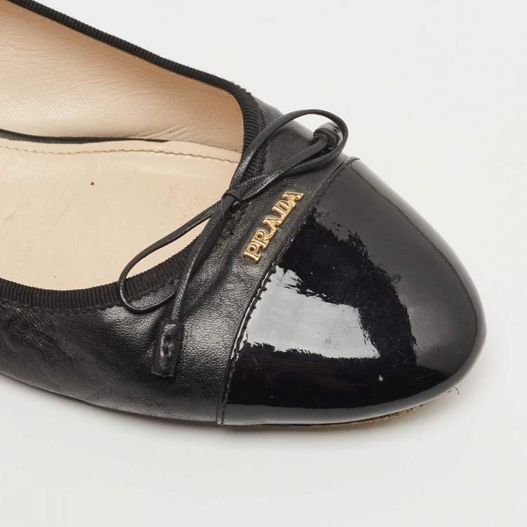 Pre Owned Prada Black Patent and Leather Cap Toe Ballet Flats Size 39