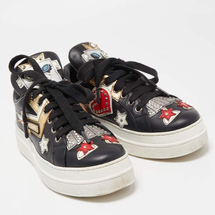 Pre Owned Prada Black Leather Embellished Low Top Sneakers Size 36