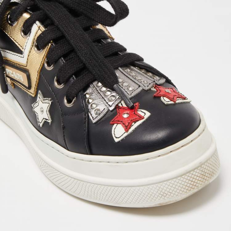 Pre Owned Prada Black Leather Embellished Low Top Sneakers Size 36