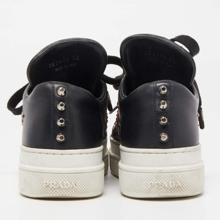 Pre Owned Prada Black Leather Embellished Low Top Sneakers Size 36