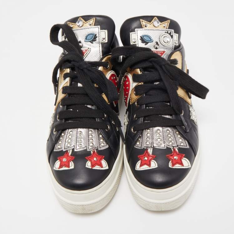 Pre Owned Prada Black Leather Embellished Low Top Sneakers Size 36