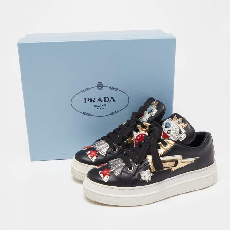 Pre Owned Prada Black Leather Embellished Low Top Sneakers Size 36