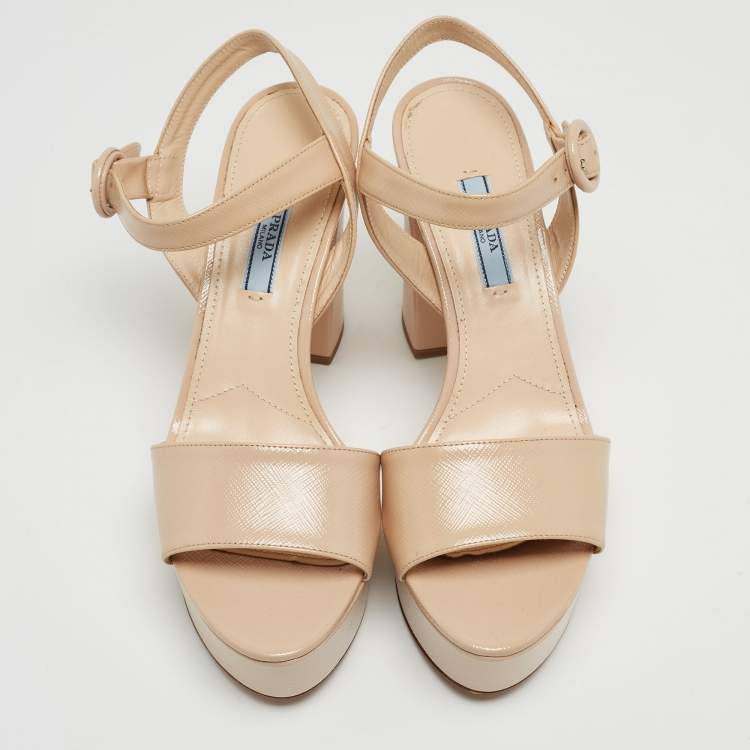 Pre Owned Prada Beige Patent Leather Block Heel Platform Sandals Size 38