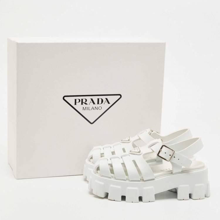 Pre Owned Prada White Leather and Rubber Monolith Platform Sandals Size 35