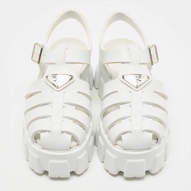Pre Owned Prada White Leather and Rubber Monolith Platform Sandals Size 35
