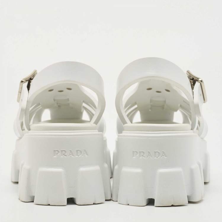 Pre Owned Prada White Leather and Rubber Monolith Platform Sandals Size 35